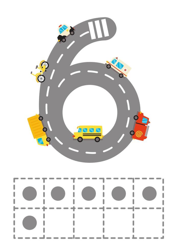 Worksheet for kids. Road numbers for kids. Ten frame with number 6. vector