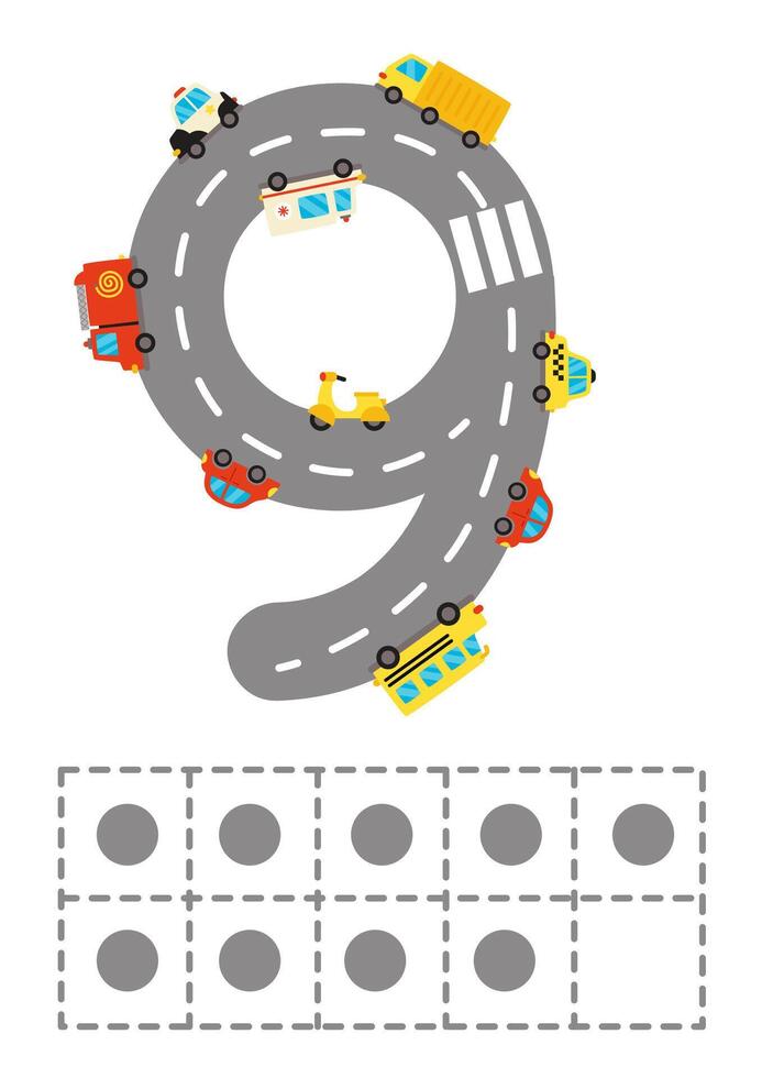 Worksheet for kids. Road numbers for kids. Ten frame with number 9. vector