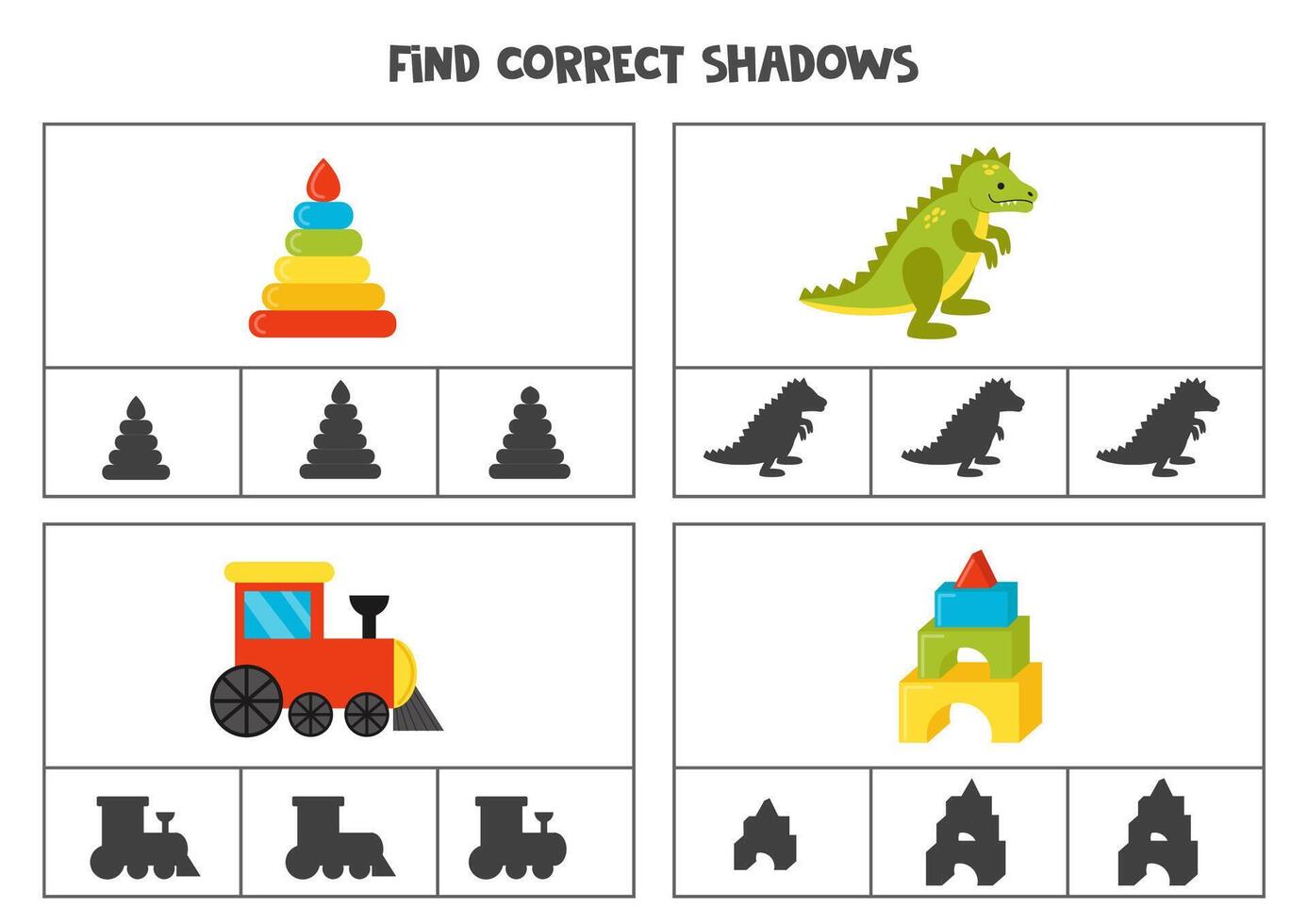 Find correct shadow of cartoon toys. Printable clip card games for children. vector