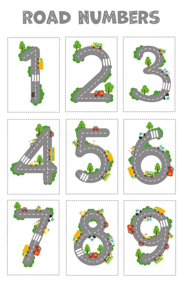 illustration. Road numbers for kids. Numbers set from 1 to 9. Children educational cards for learning numbers. vector