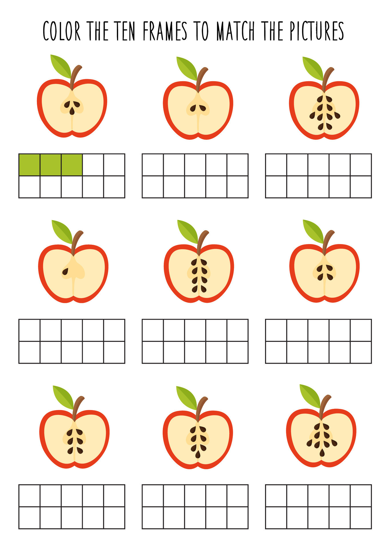 Color ten frames according to number of seeds on apple Math worksheet