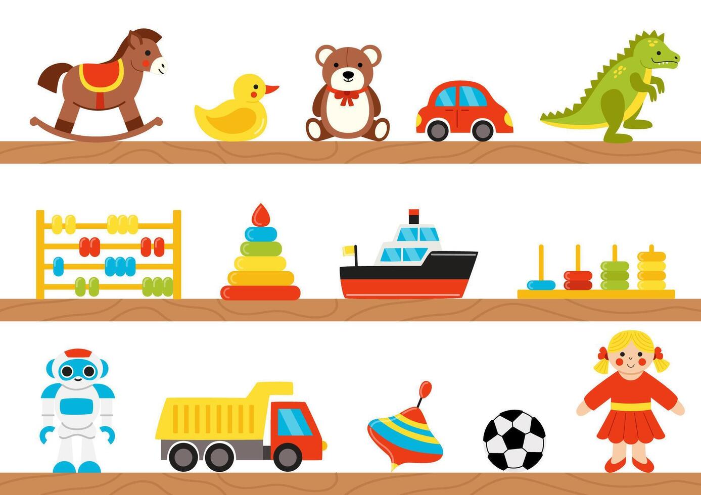 Cute cartoon children toys on wooden shelves. Toy store or children room. vector