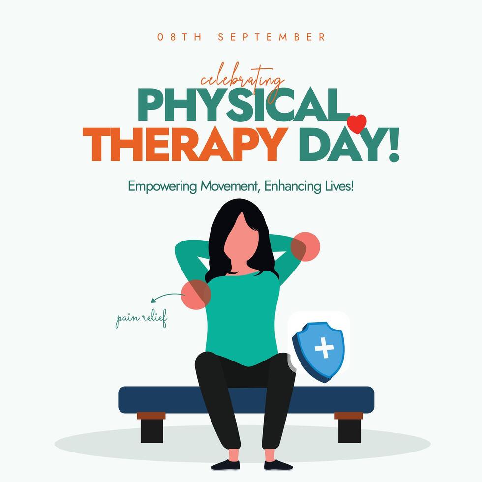 Physical therapy day. World Physical Therapy day celebration banner with a girl sitting on a bench doing stretching. The day is to raise awareness about the critical role of physical therapists. vector
