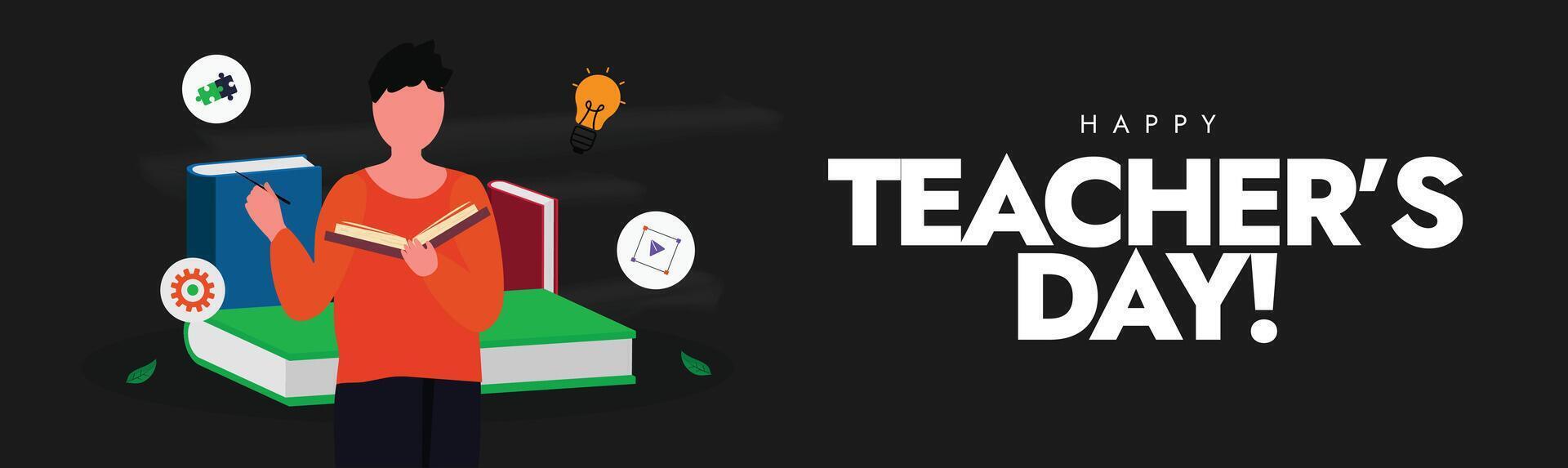 World Teachers day. Happy Teachers day celebration banner with a male teacher holding book and pen, colourful books, icons of bulb, gear, puzzle pieces. The day is celebrated to honour all educators. vector