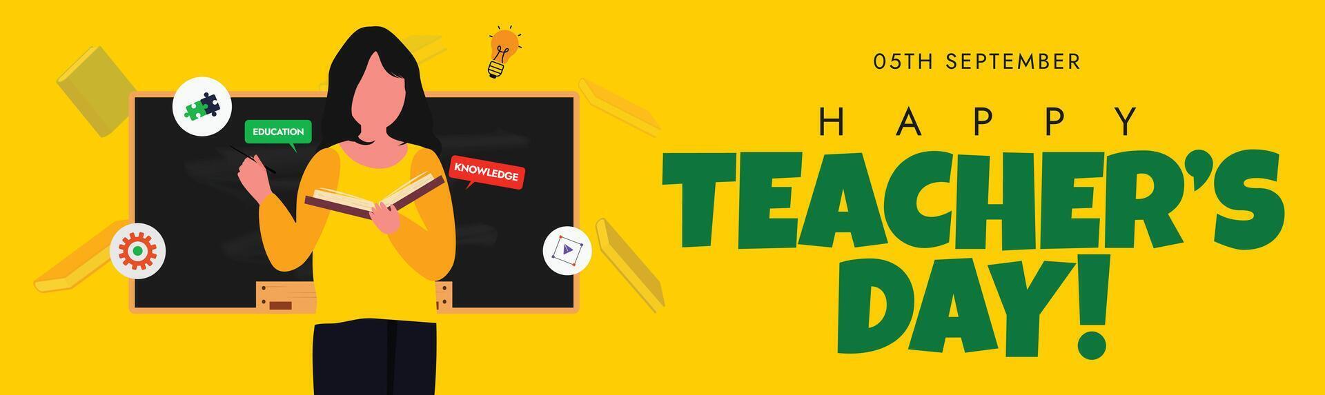 Teachers day. Happy Teachers day celebration cover banner with female teacher in front of a blackboard with book. The day is celebrated to honour the empowering educators, as they are crucial for SDGs vector