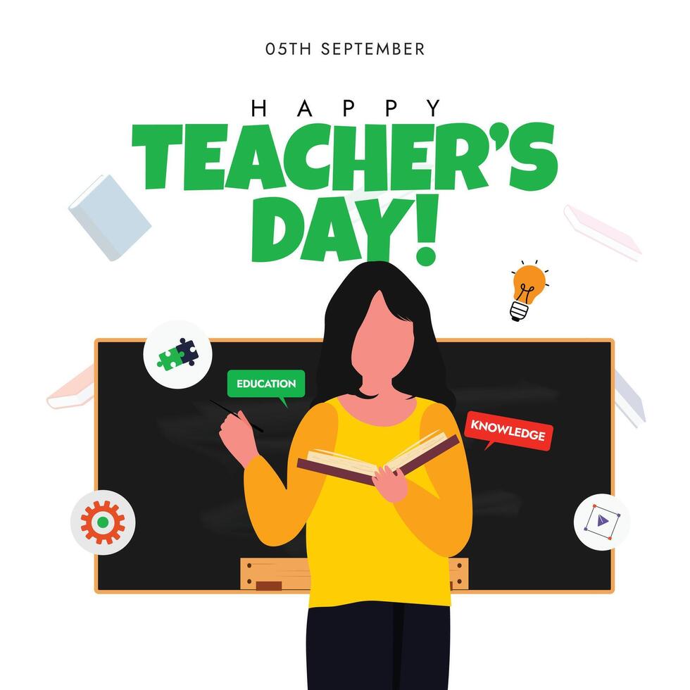 Teachers day. Happy teachers day celebration banner with a female teacher in front of a blackboard holding book. The day is celebrated to honor the empowering educators, as they are crucial for SDGs. vector