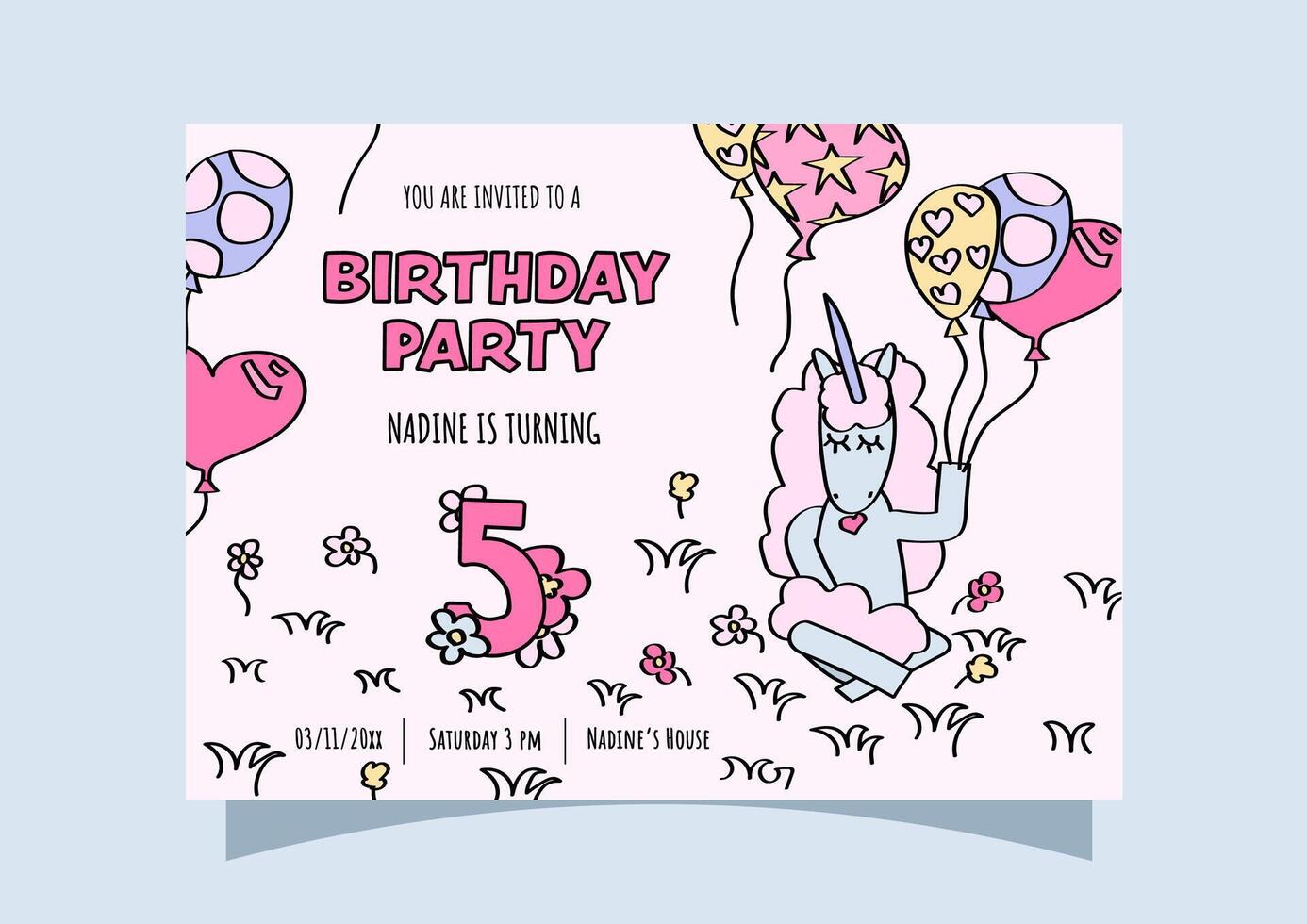 5th birthday party invitation card with a unicorn holding balloons. vector