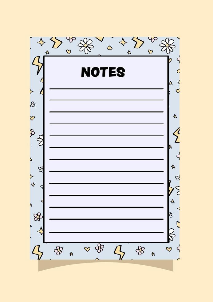 cute blue flowers and a lightning bolt pattern on a memo notepad design Template. vector