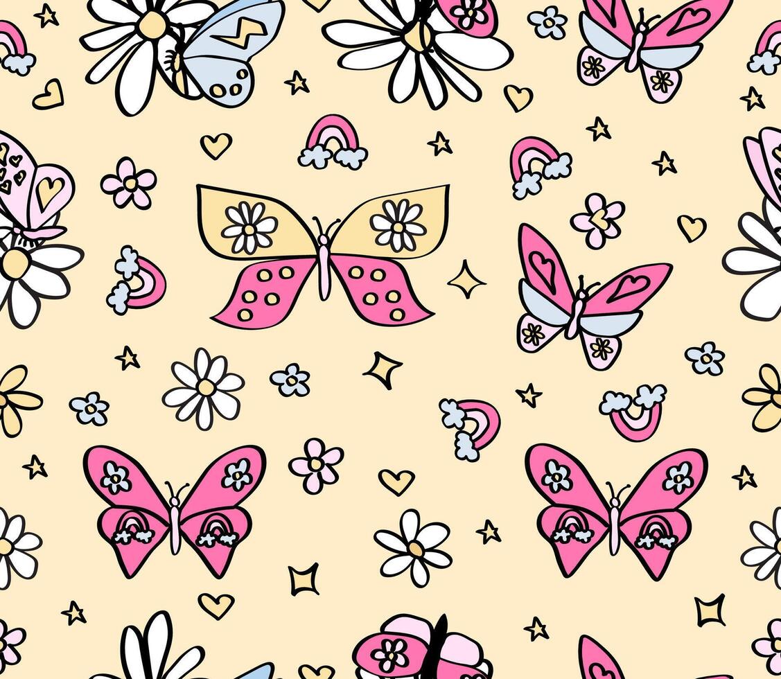 cute boho butterfly seamless pattern on a yellow background. vector