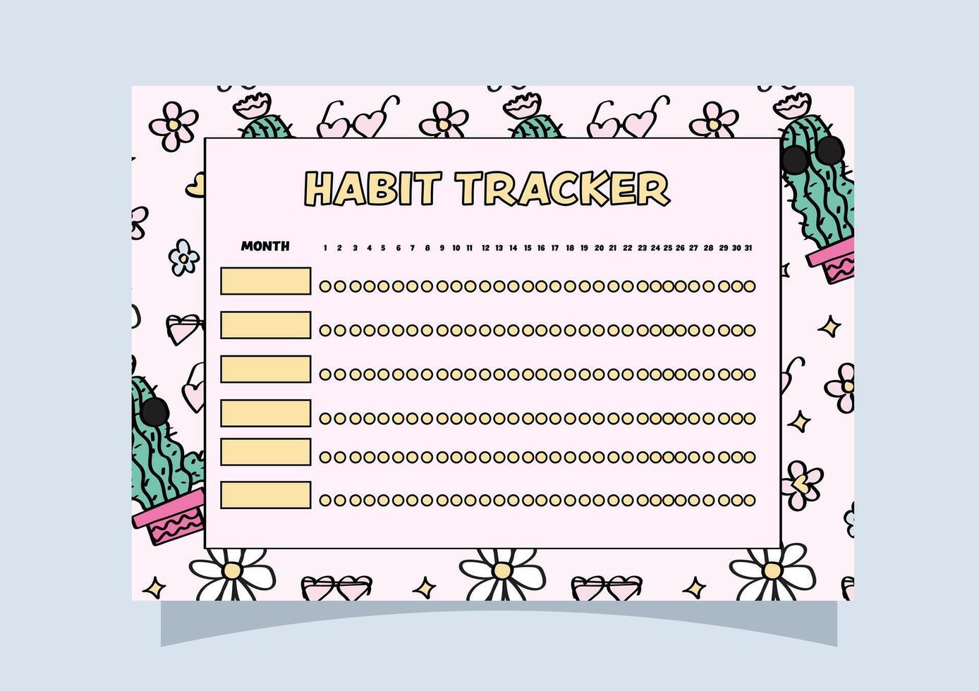 cactus and flowers pattern background habit tracker template. vector