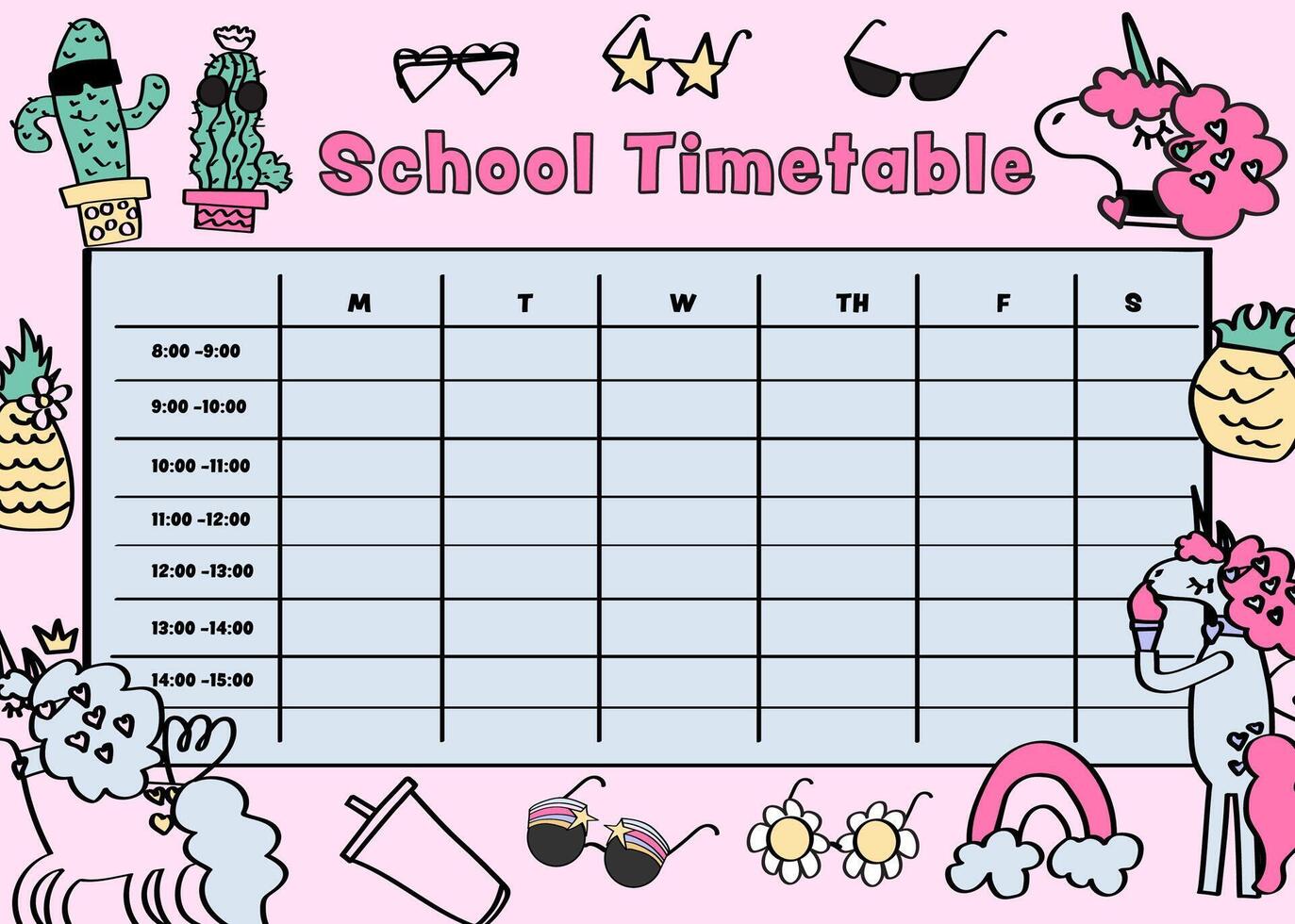 Cute girly trendy elements on a kid's school timetable for elementary school, and middle school. vector