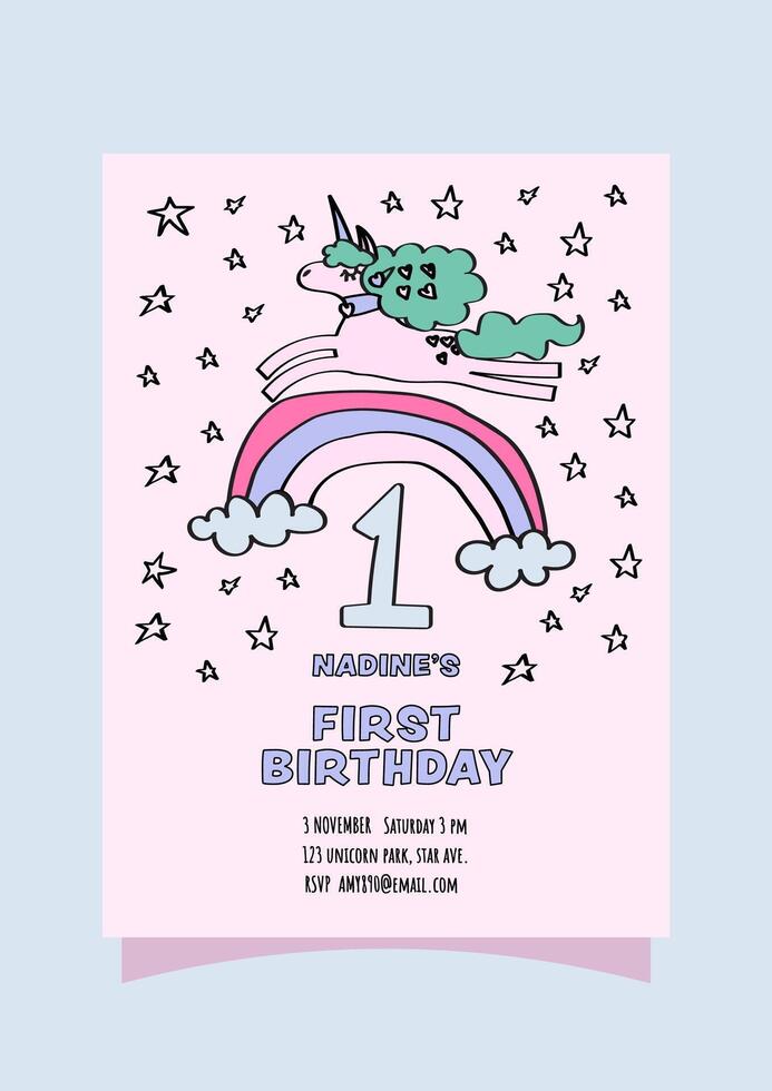 kid's 1st unicorn-themed birthday party invitation card. vector