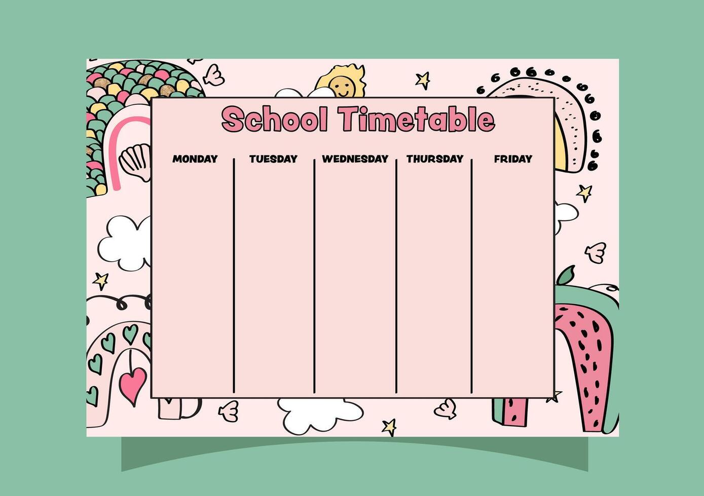 Boho Rainbows kid's school timetable for elementary school, and middle school. vector