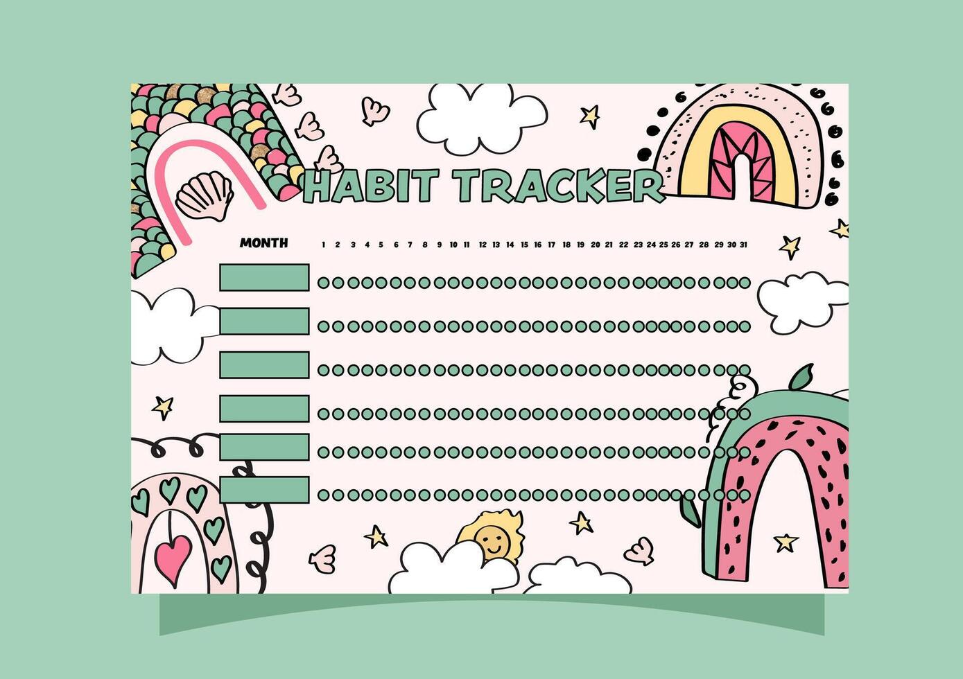 boho rainbows and clouds background habit tracker template. vector