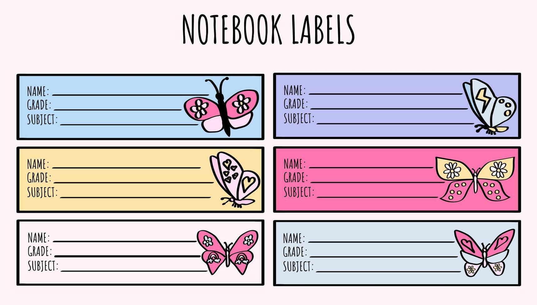 cute butterfly back-to-school notebook labels set for elementary and middle school kids. vector