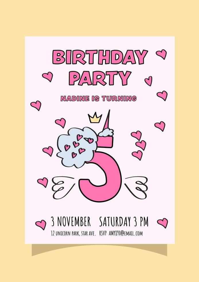 kid's 5th unicorn-themed birthday party invitation card. vector