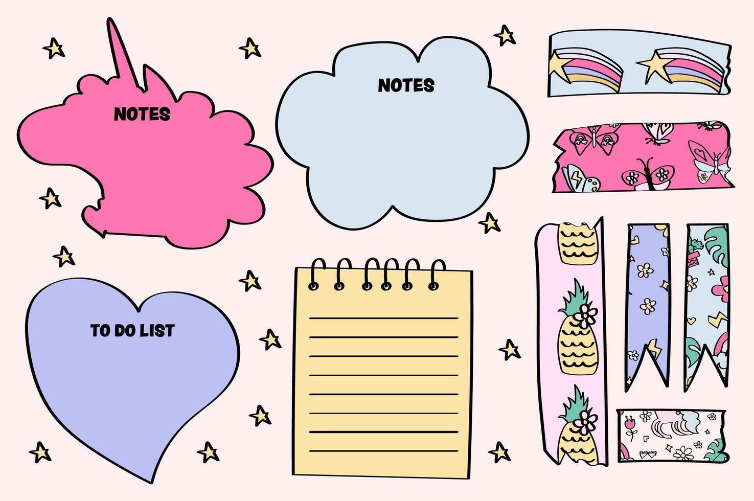 sticky notes collection. cute kids paper note pages set with cute masking tape. vector