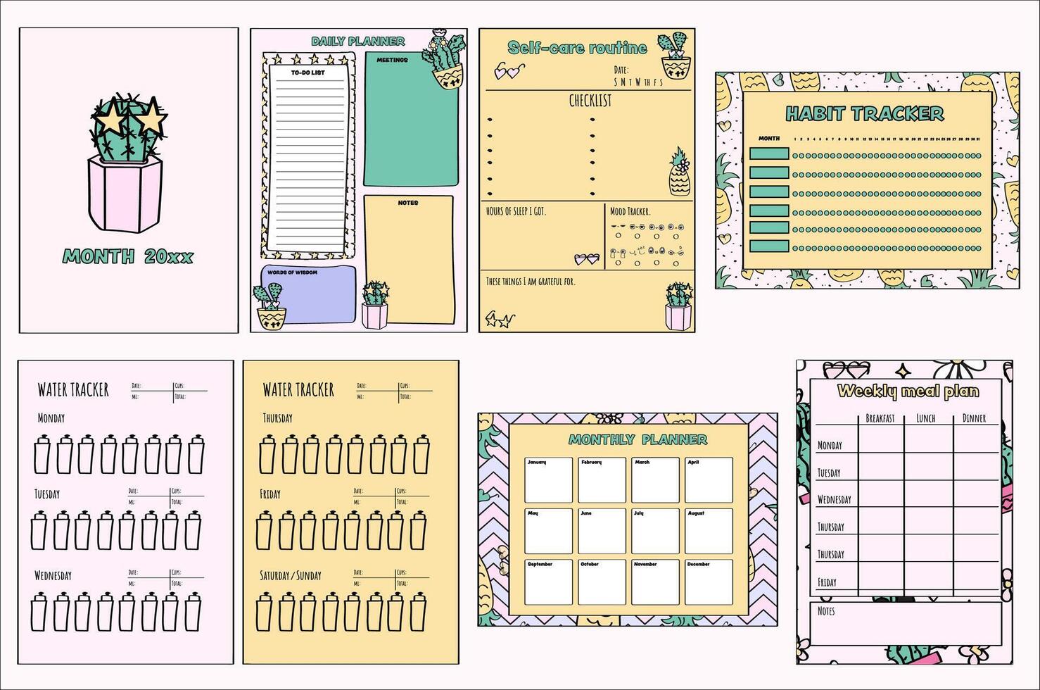 cute kid's cactus and pineapple journal pages. planner pages for middle school and elementary school kids. vector