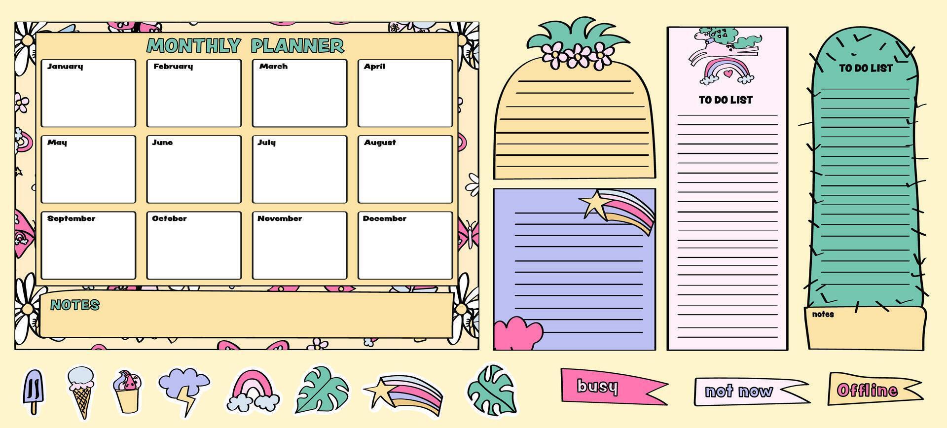 pineapple and cactus-themed collection of to-do lists, checklists and school schedules, monthly planner templates. vector