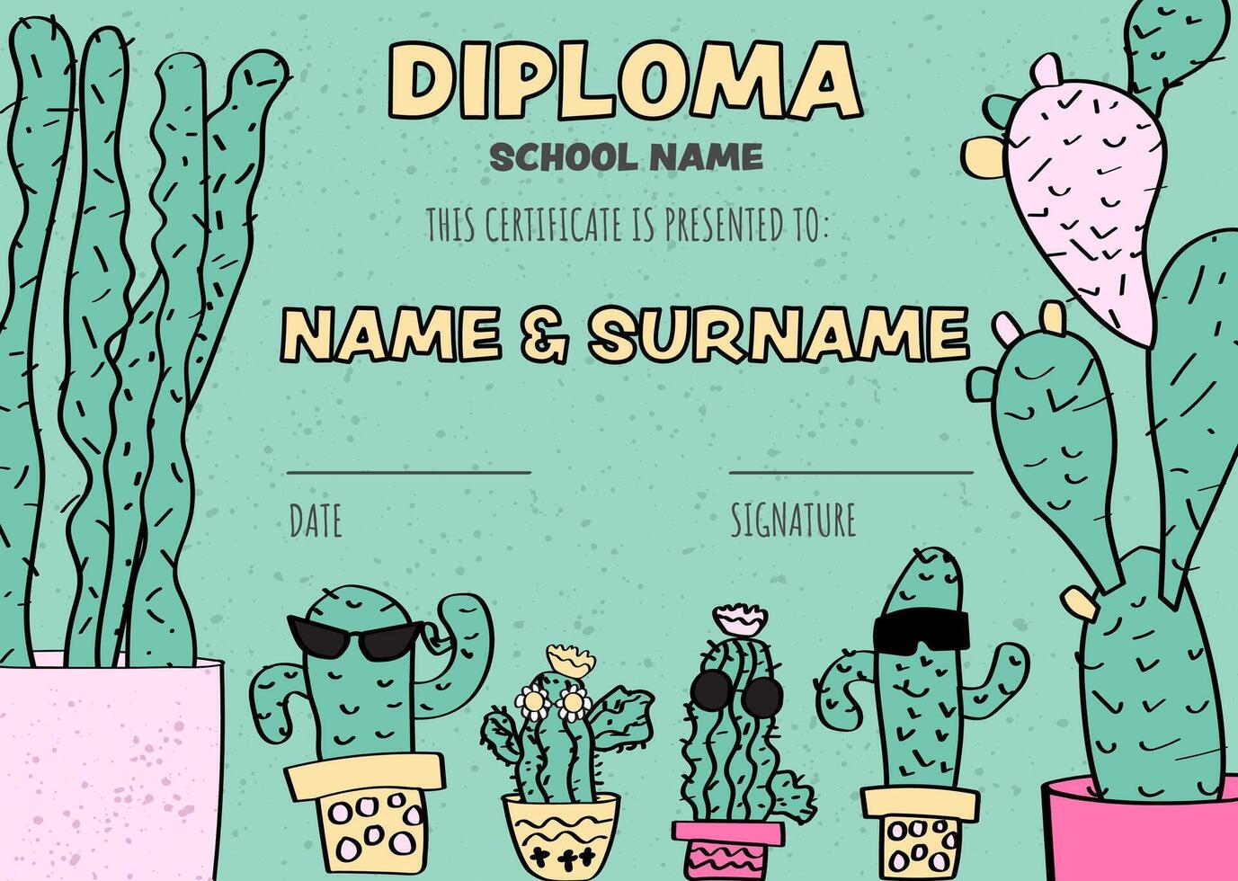adorable cacti kids diploma template for preschool, kindergarten and middle school graduation. vector