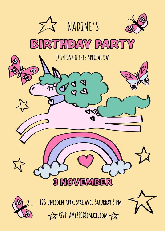rainbow unicorn-themed birthday party invitation card. vector