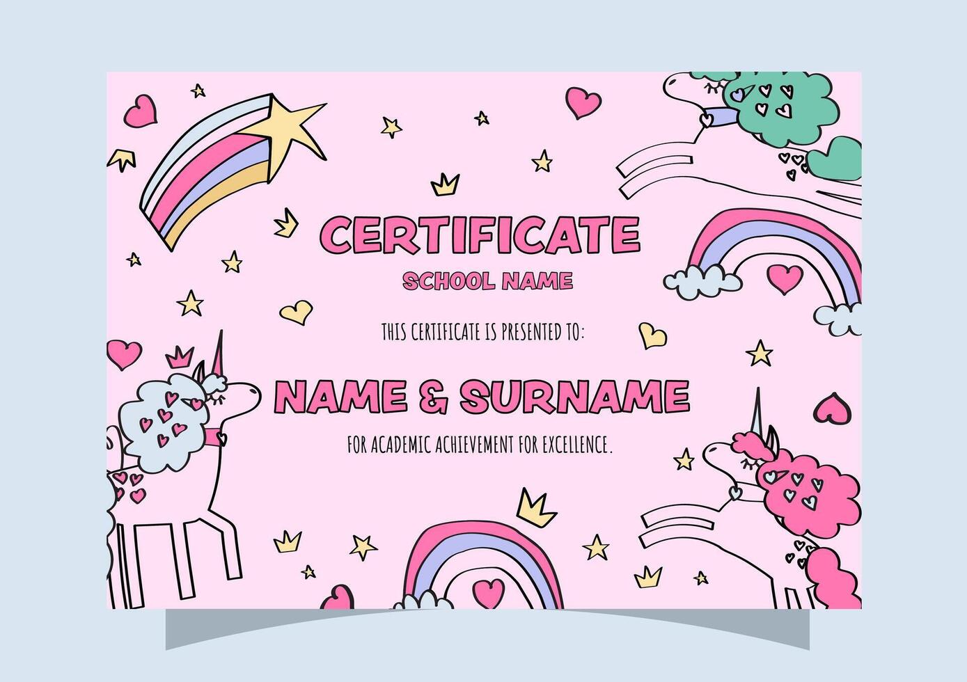 kids certificate template with pink unicorns and rainbows for preschool, kindergarten, and middle school graduation. vector