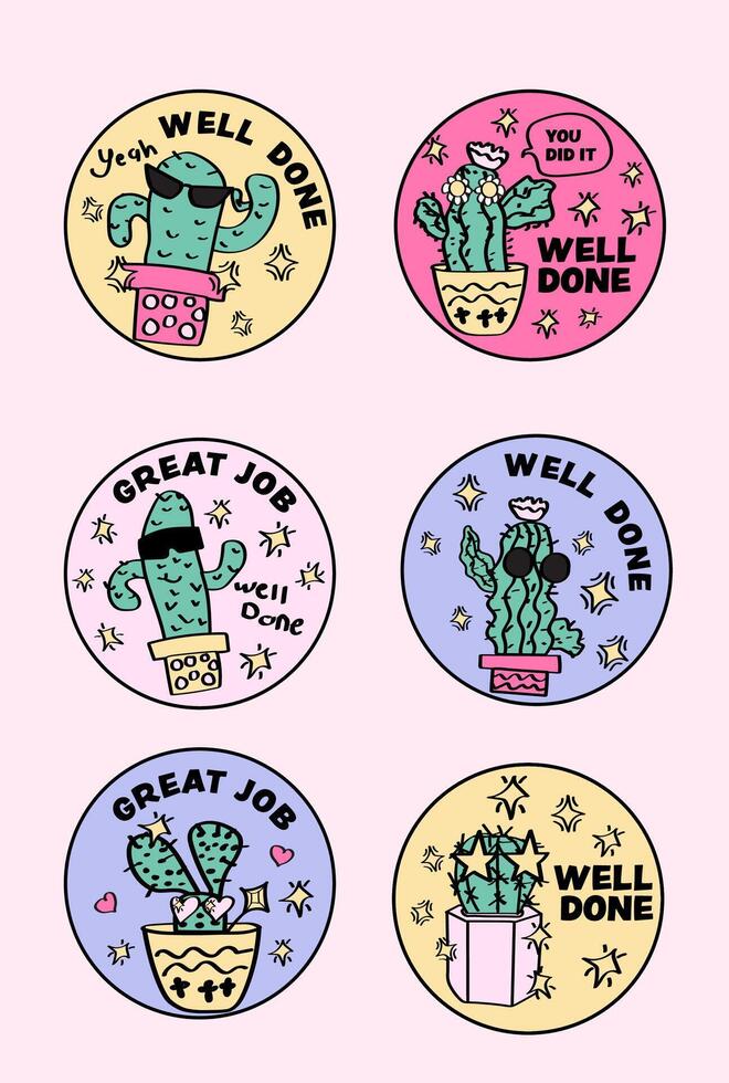 cute cacti homework well done, good job stickers and encouragement badges set. vector