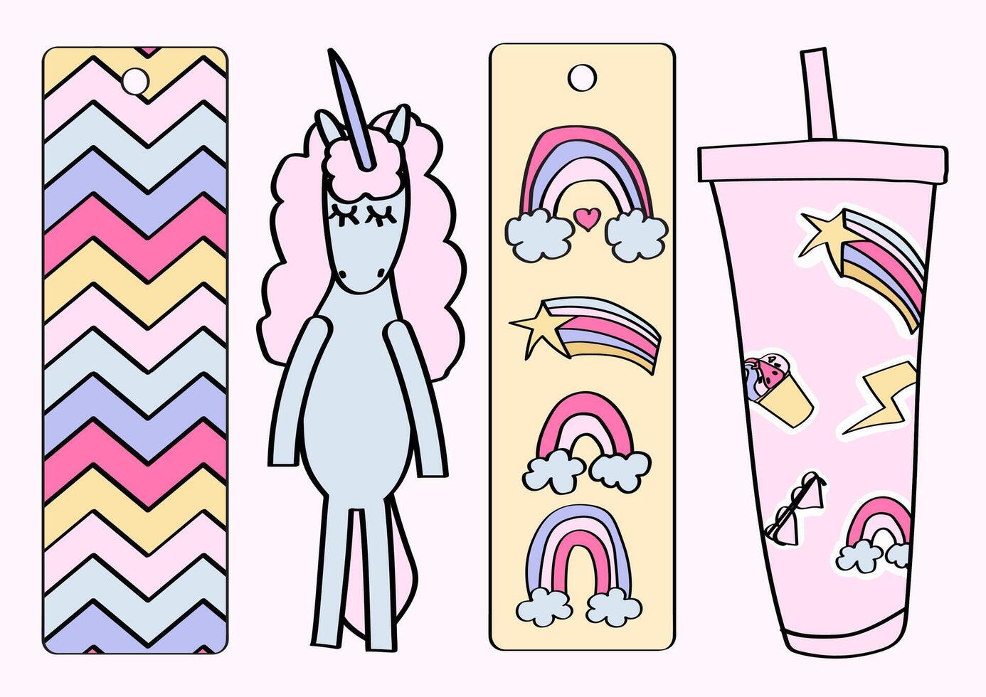 cute kids unicorn, drinking cup with straw and rainbows bookmark collection for middle school and elementary school kids. vector
