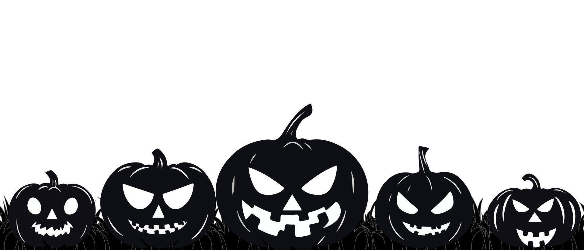 Scary silhouettes of creepy Halloween pumpkins on black grass. Black pumpkins with different evil faces on a white background, on Halloween night. vector