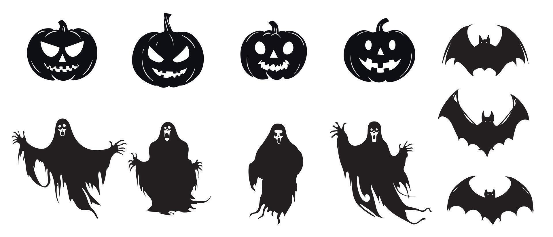 Set of design elements for Halloween. Ghosts, bats, pumpkins. Black silhouettes. vector