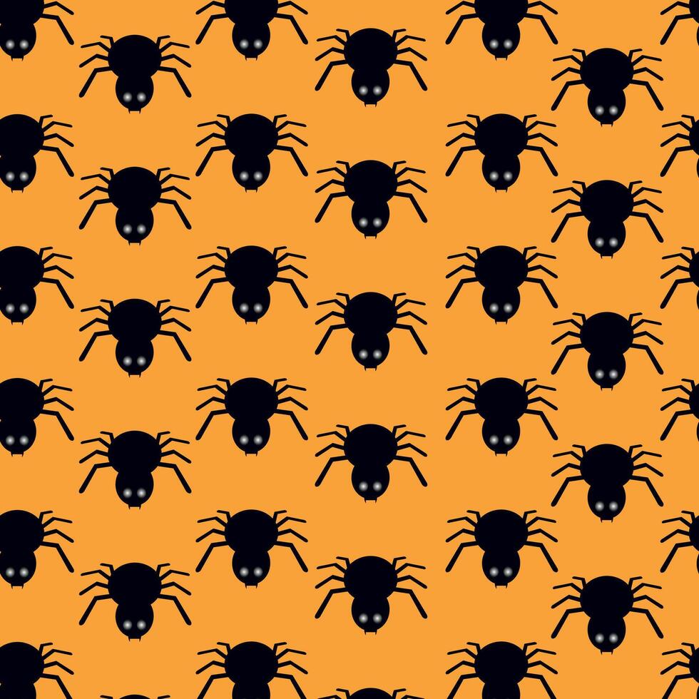 Seamless Halloween pattern with black spiders on a bright orange background. Wallpaper or decoration. vector