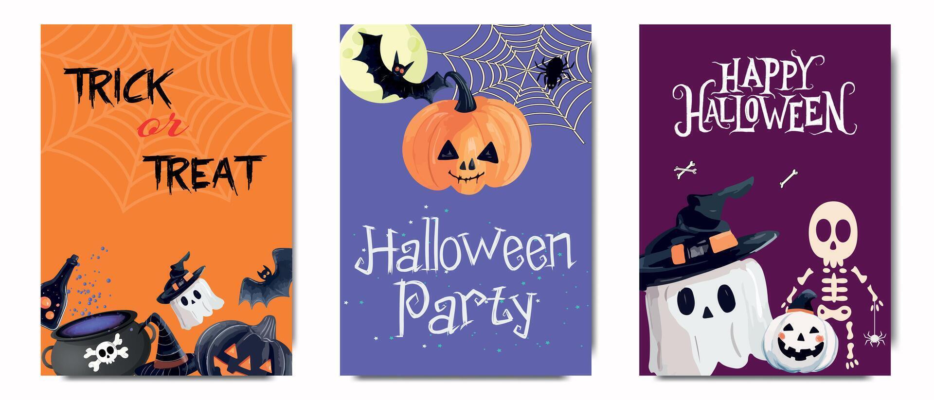 Collection of Halloween greetings with ghosts, witch's cauldron, zombies and bats. Halloween themed posters and illustrations suitable for prints, flyers, parties, cards, promotions, invitation vector