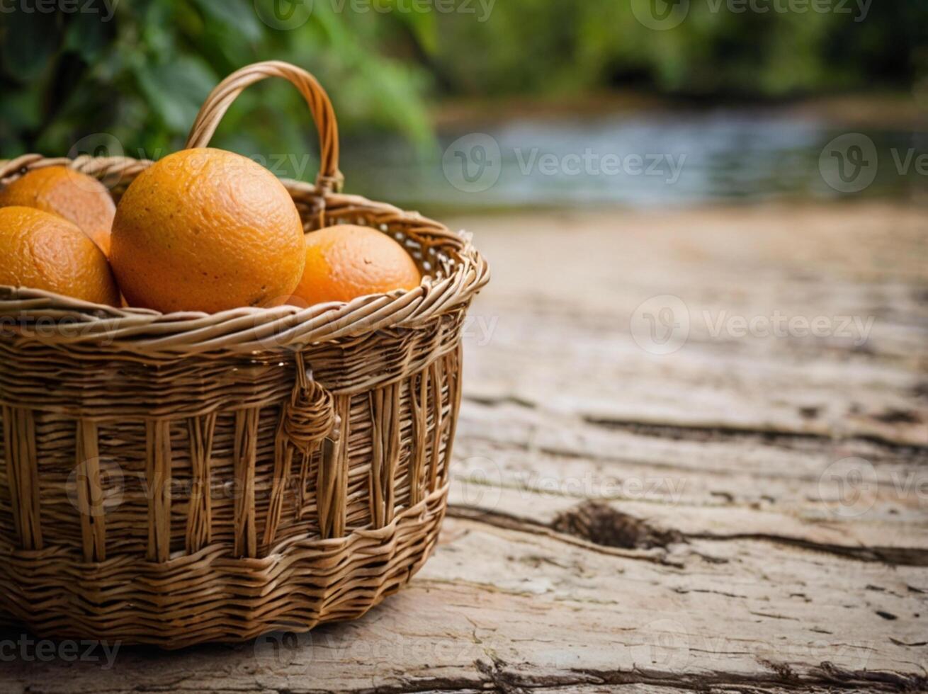 a basket full of oranges on a wooden table photo