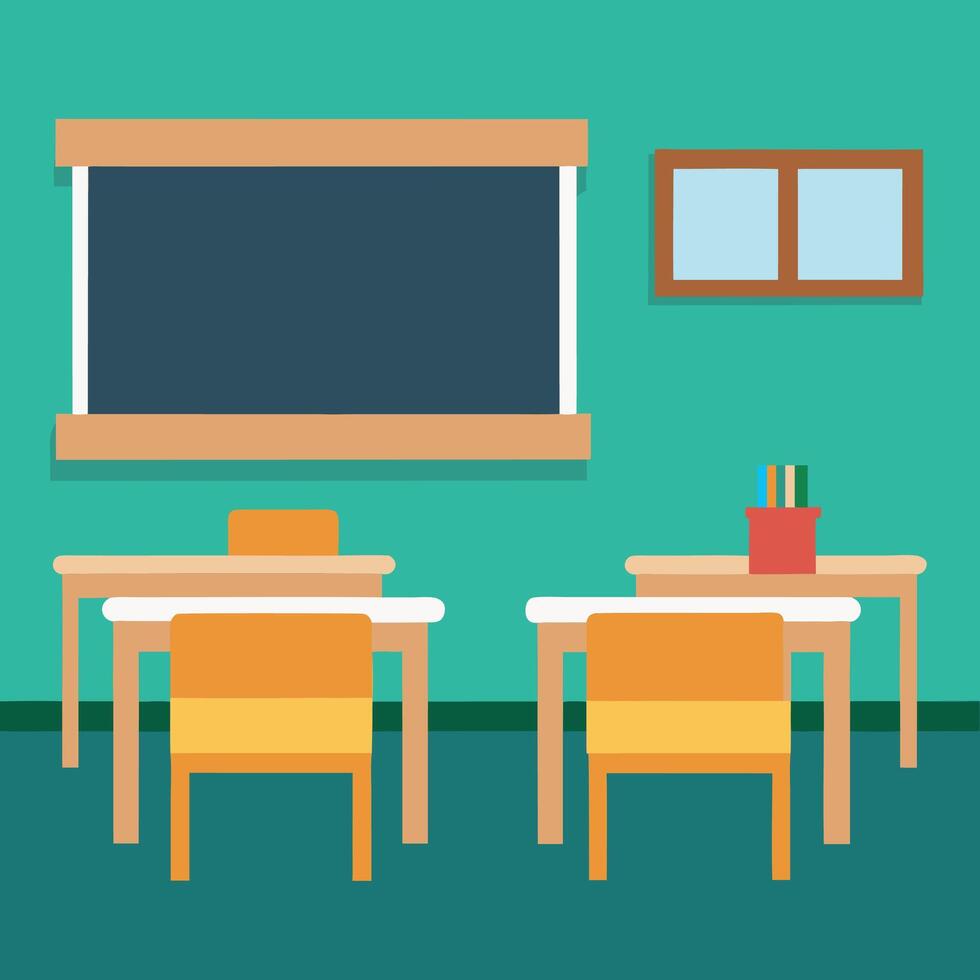 classroom wooden desk table and chair education board furniture colorful isolated cartoon illustration vector