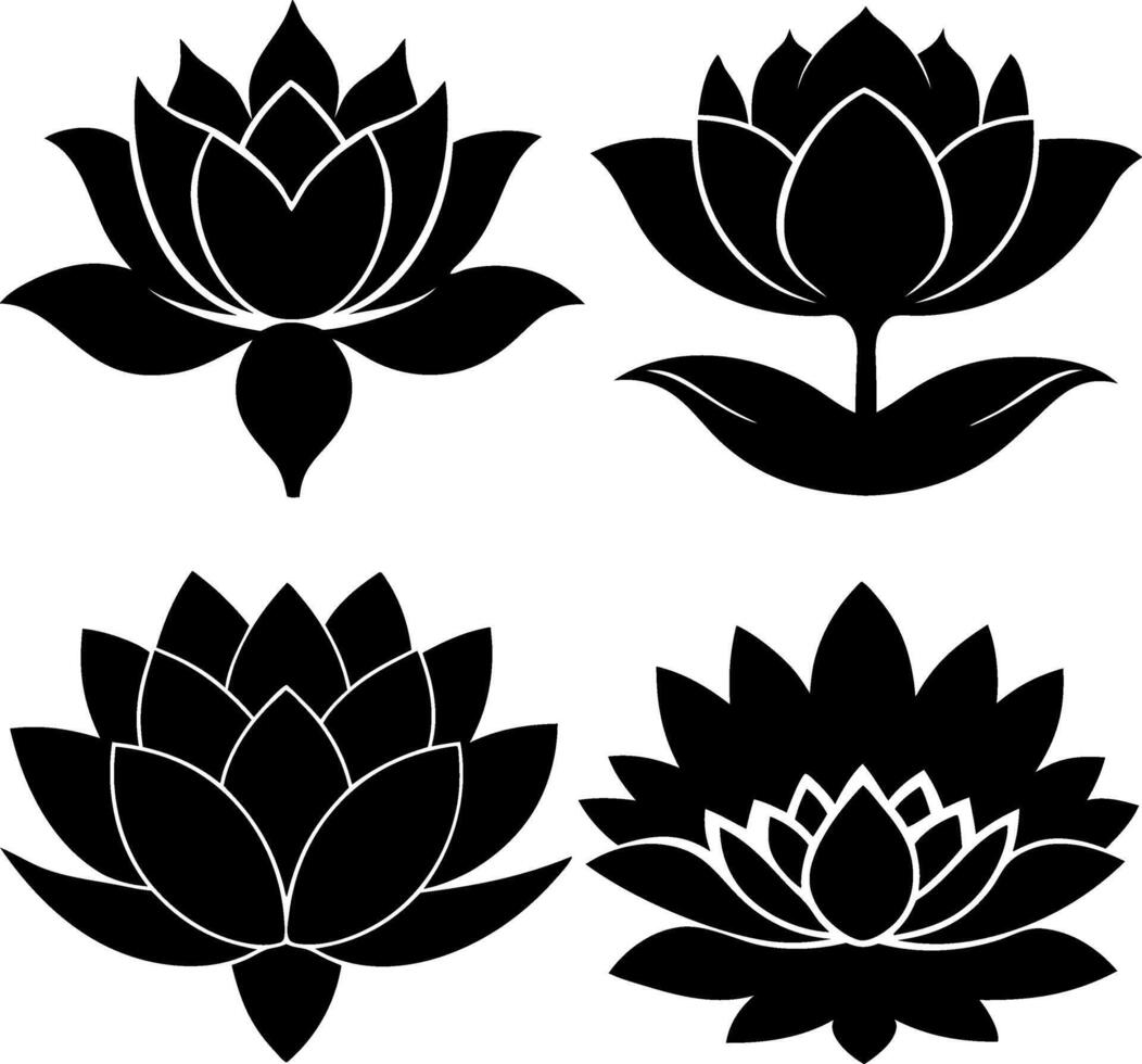 Black and white lotus flower icons set. Set of lotus flower silhouettes vector