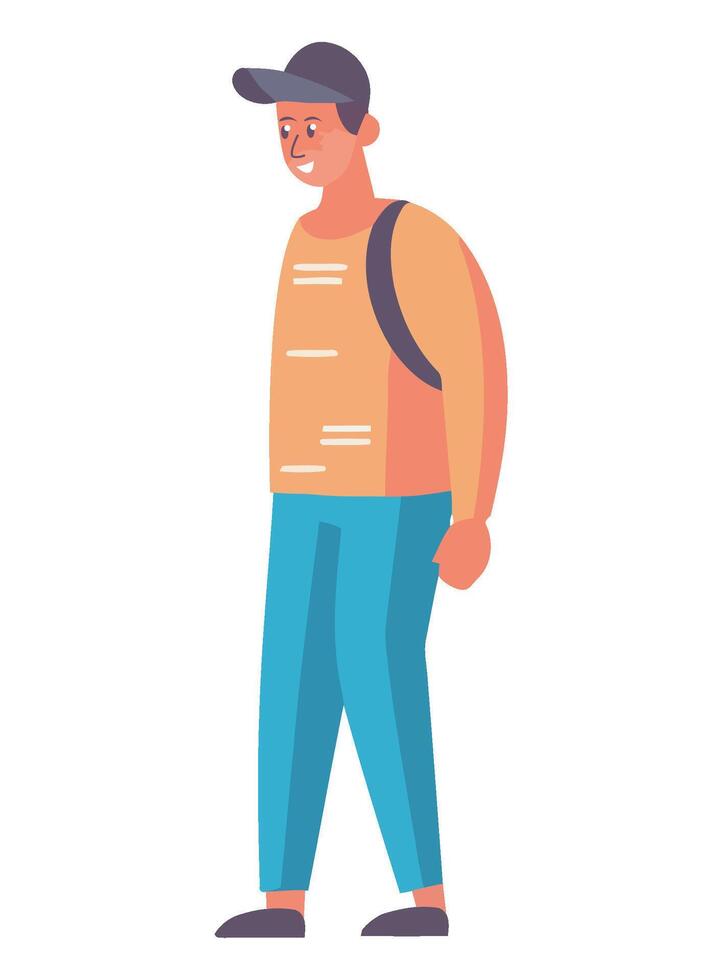A man with a backpack is standing in front of a white background vector