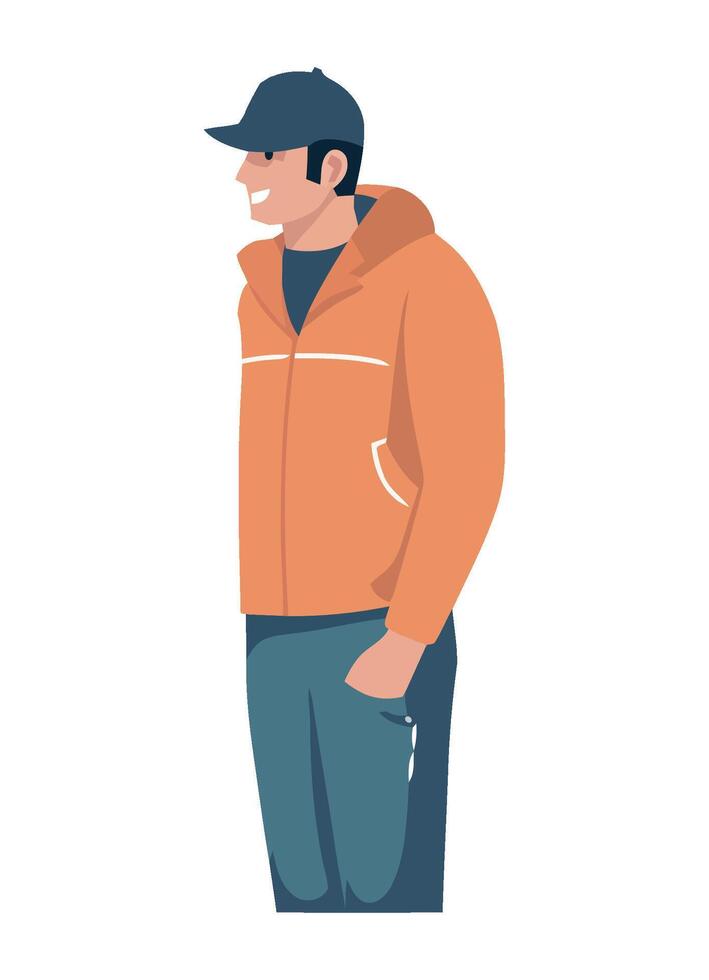 A man in a jacket and hat standing with his hands in his pockets vector