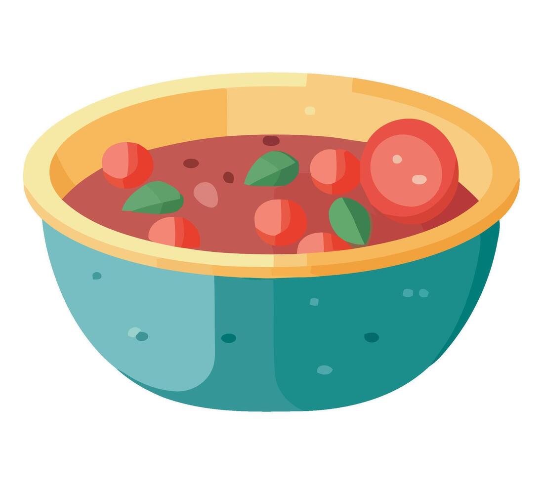 A bowl of tomato soup with tomatoes and basil vector