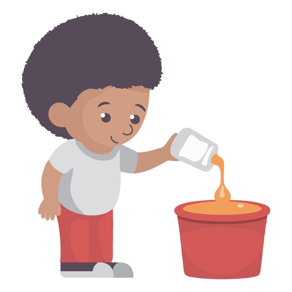 A boy pouring orange juice into a bucket vector