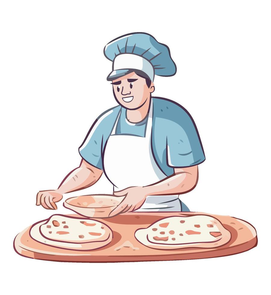 A man in an apron is making pizza vector