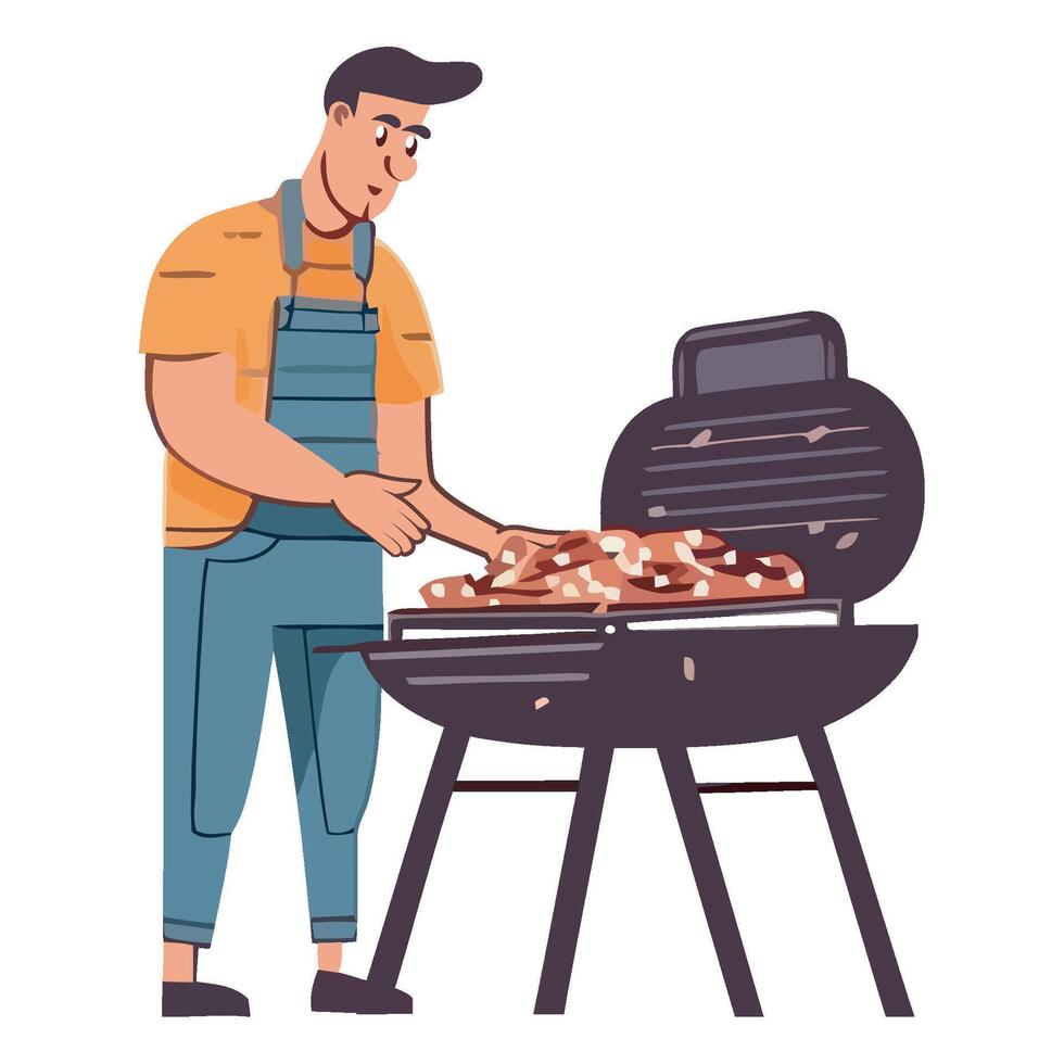 A man grilling food on a barbecue grill vector