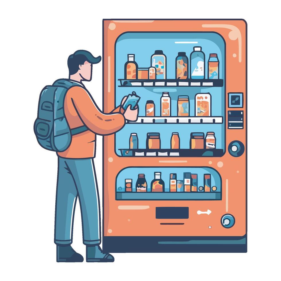 A man is standing in front of a vending machine with bottles vector