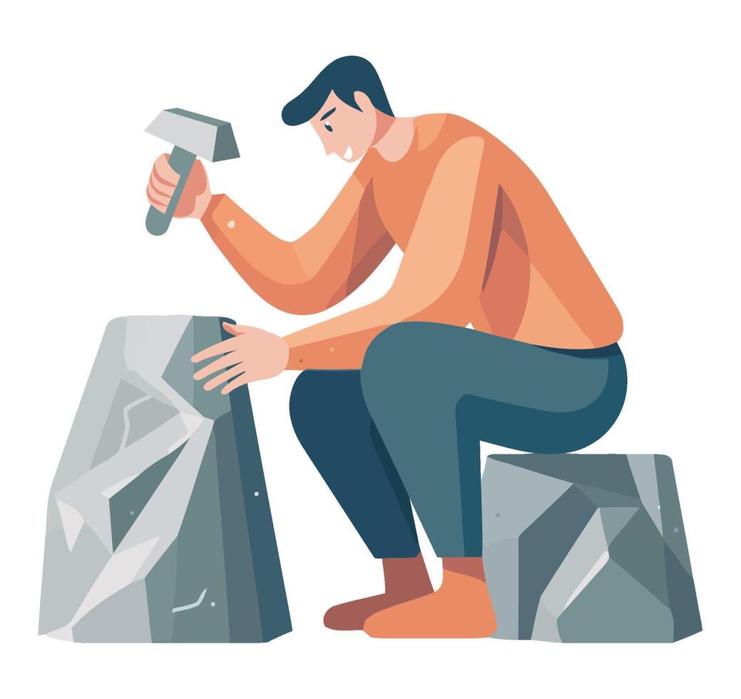 Man hammering stone with hammer illustration vector