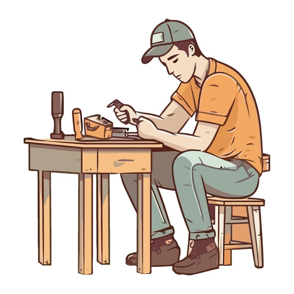 A man is sitting at a table with a laptop and a phone vector