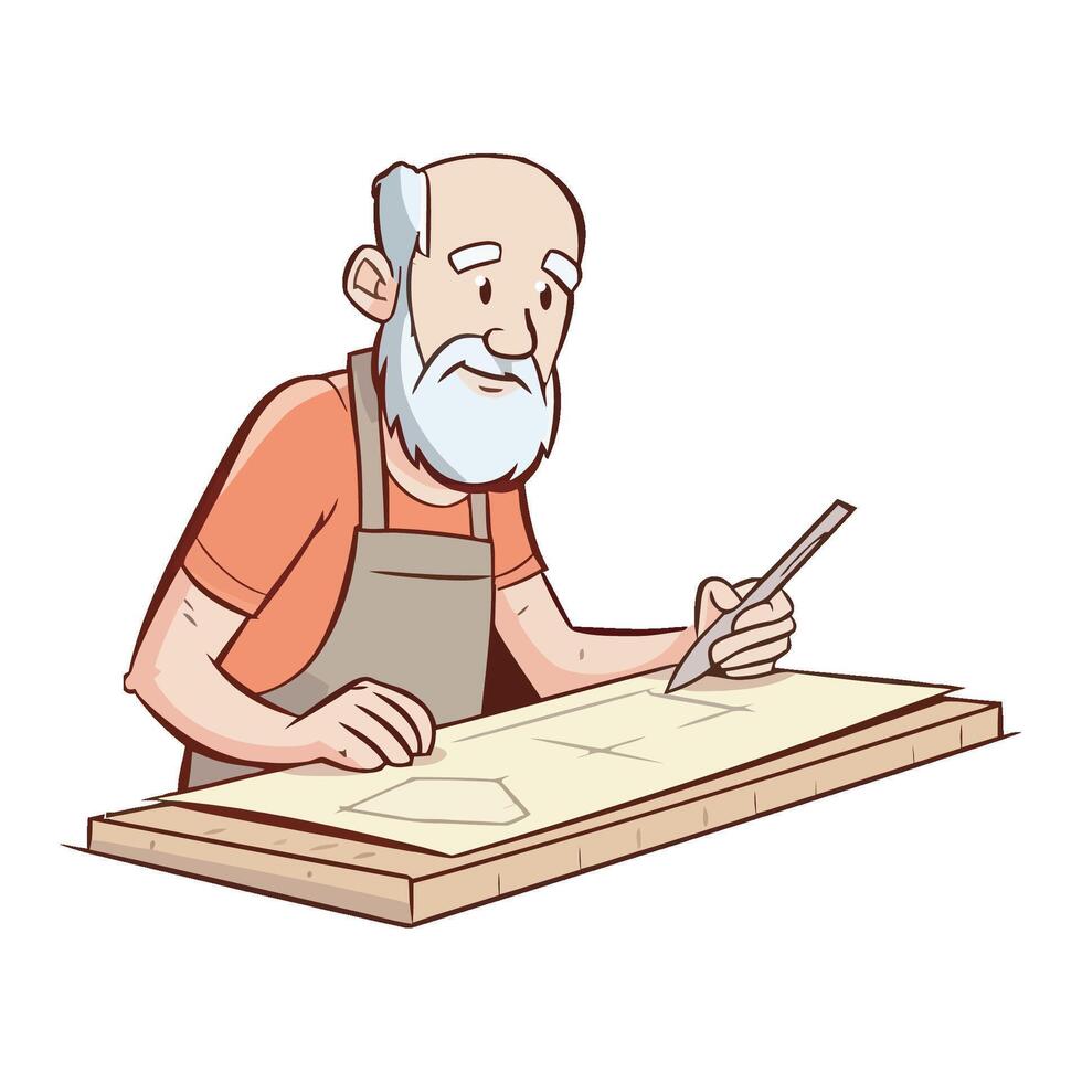 An old man with a beard and a pencil drawing on a piece of paper vector
