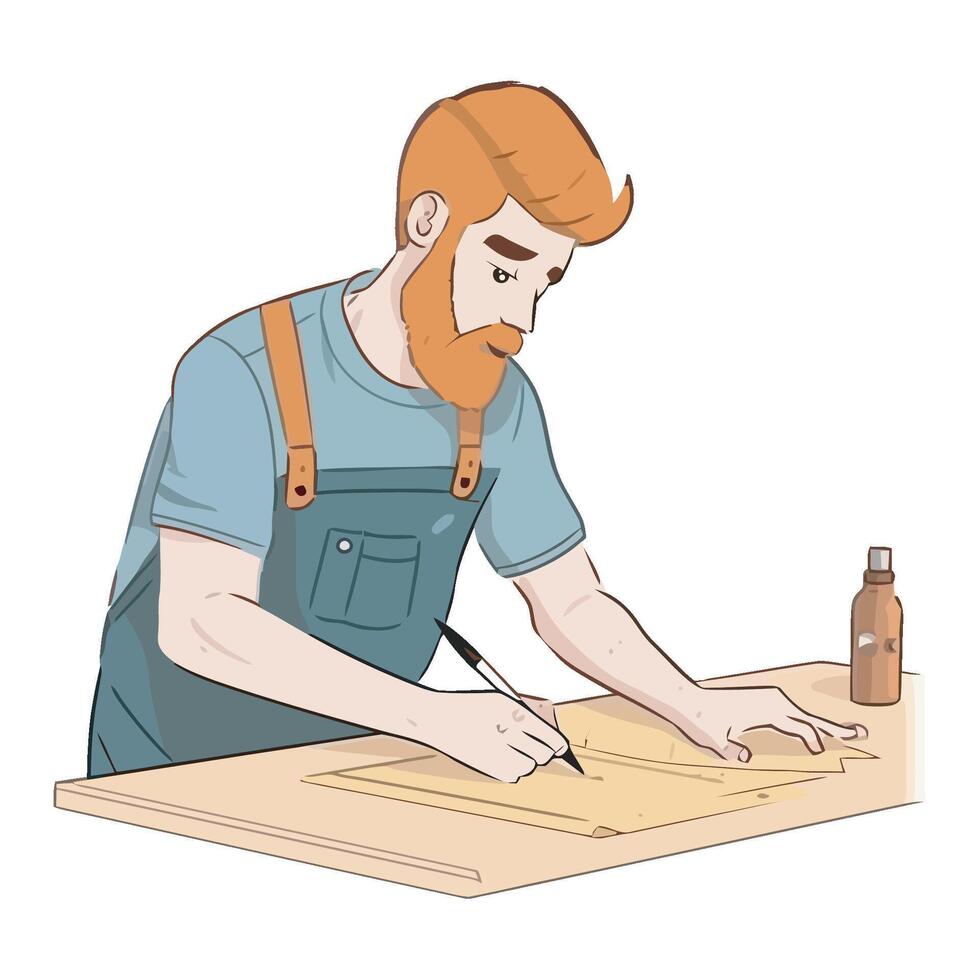 A man with a beard is working on a table vector