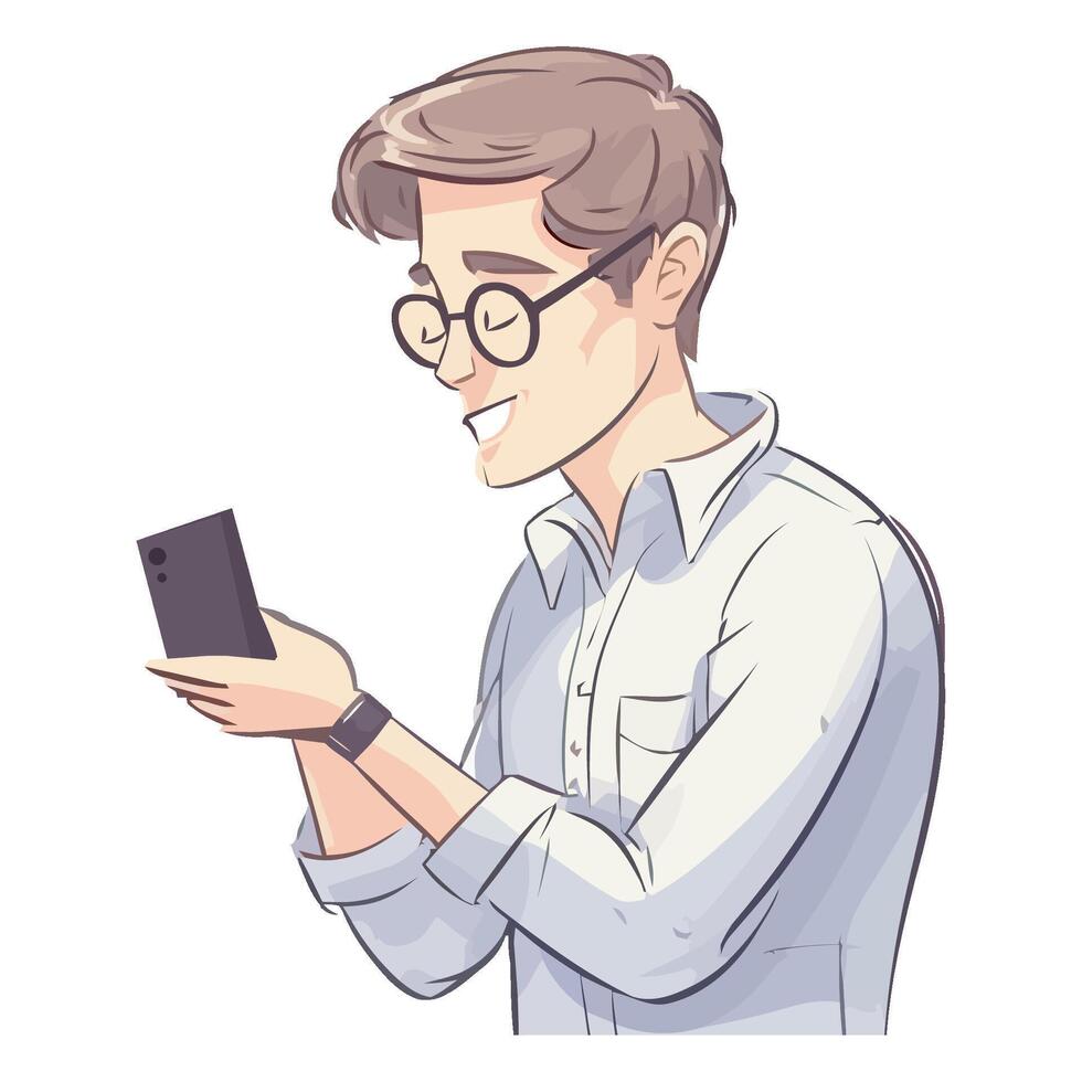 A cartoon man with glasses holding a cell phone vector