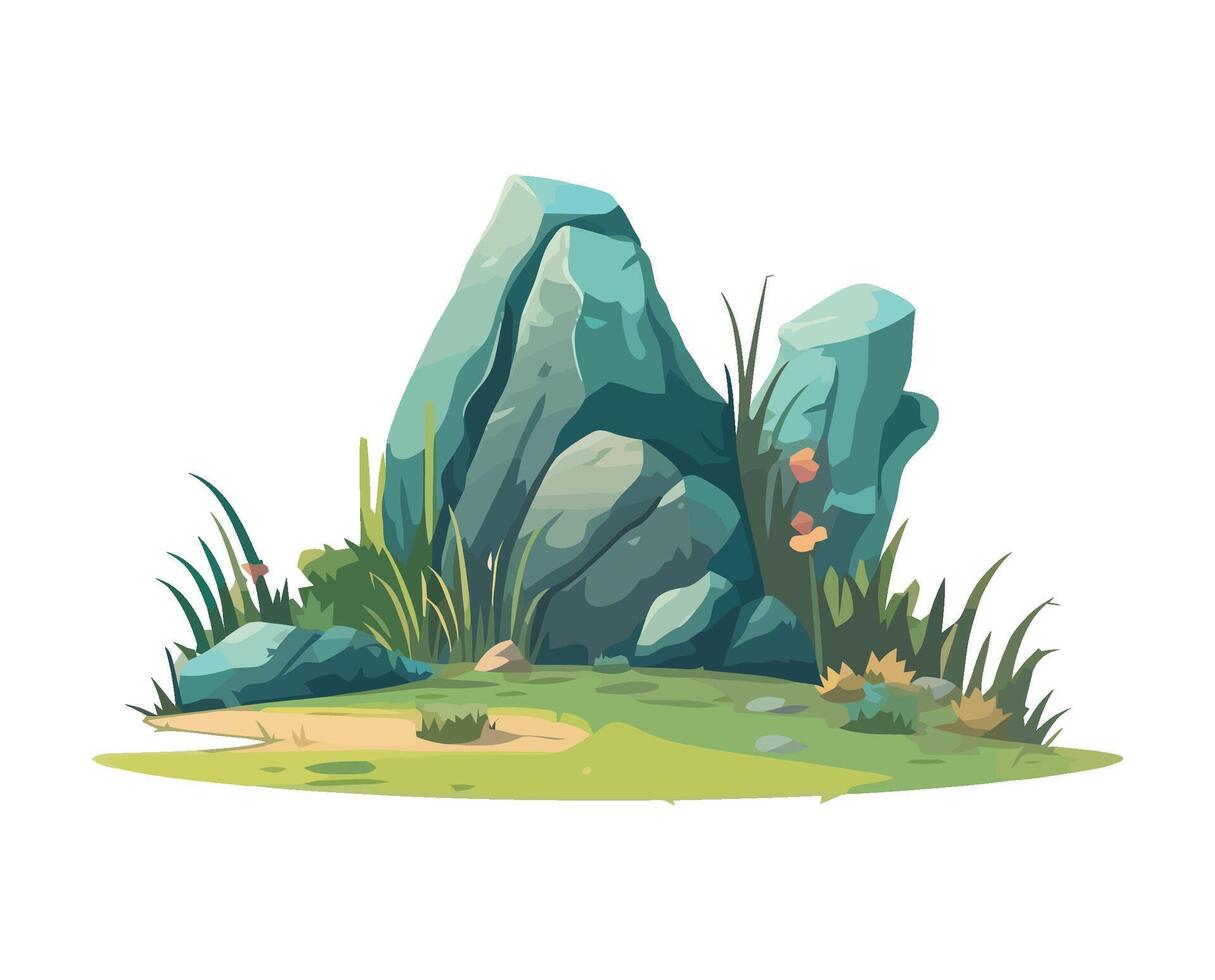 illustration of a cartoon landscape with rocks and grass vector