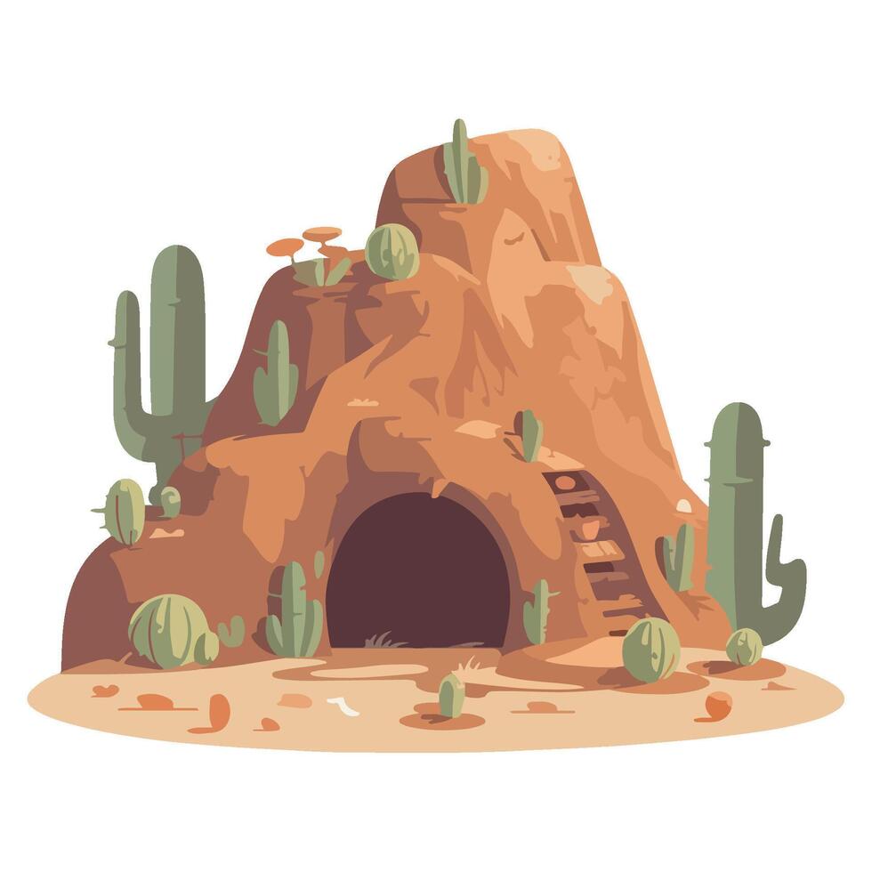 A cave with cactus plants and a ladder vector