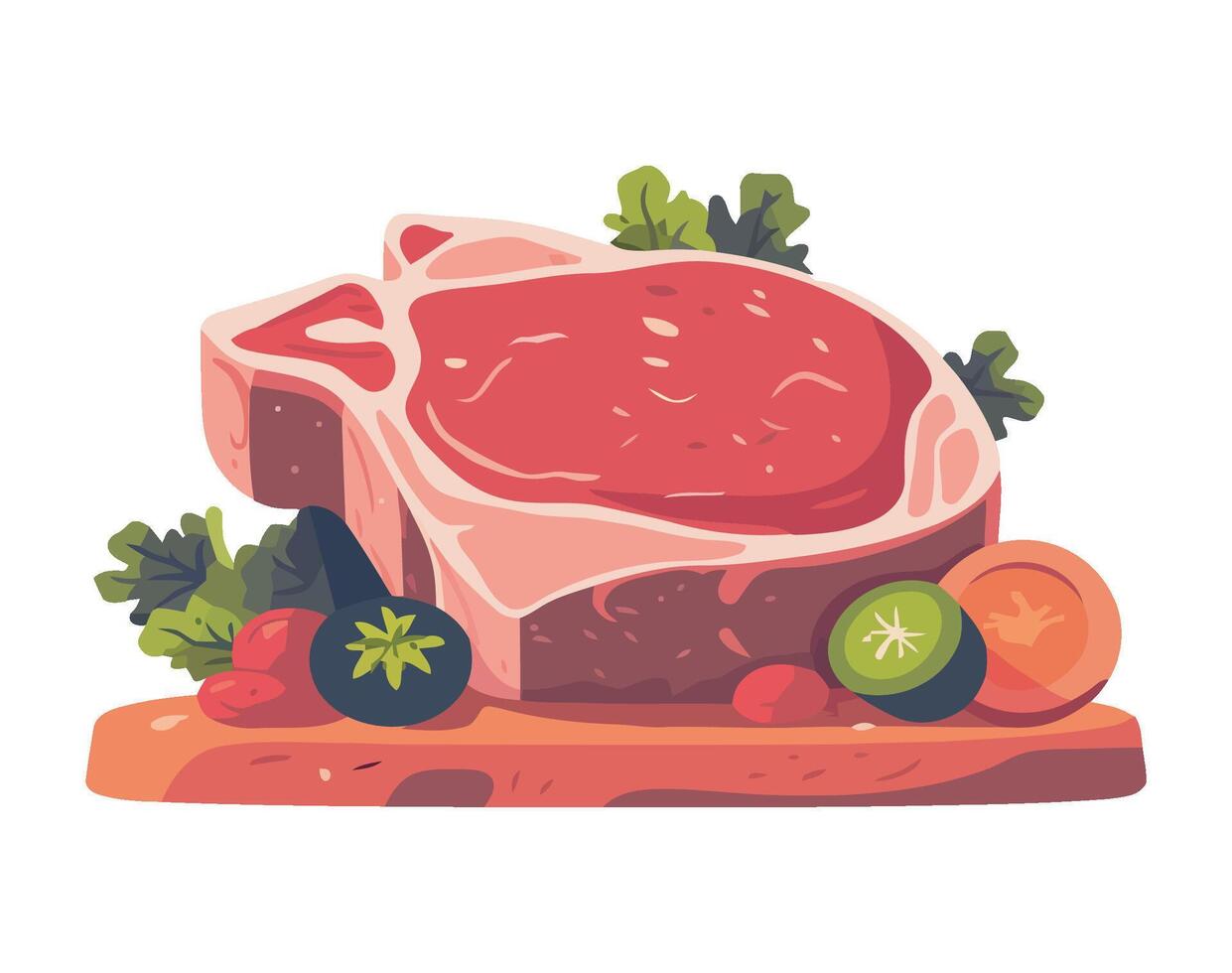 Steak with vegetables and herbs on a cutting board vector